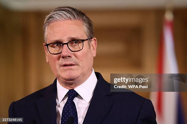 Prime Minister Keir Starmer gives a media statement on the government's response to a stabbing in which two Jewish men were wounded at 10 Downing...