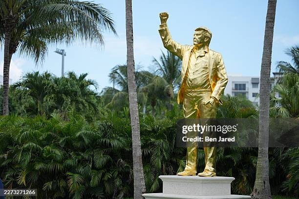 Golden Donald Trump statue is seen during the first round of Cadillac Championship at Trump National Doral - Blue Monster Course on April 30, 2026 in...