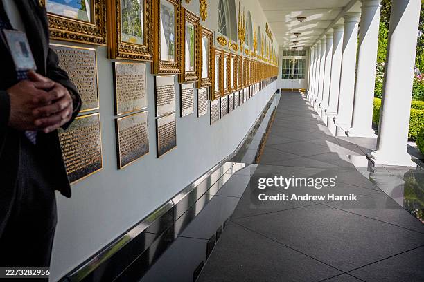 Black granite walkway has just been installed along the West Wing Colonnade at the White House on April 30, 2026 in Washington, DC. The new stone...