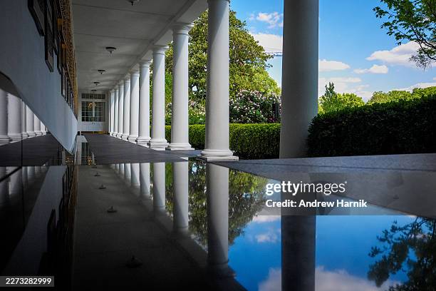 Black granite walkway has just been installed along the West Wing Colonnade at the White House on April 30, 2026 in Washington, DC. The new stone...