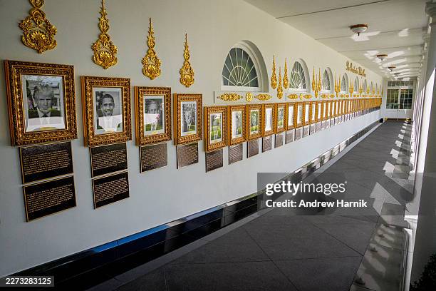 Black granite walkway has just been installed along the West Wing Colonnade at the White House on April 30, 2026 in Washington, DC. The new stone...