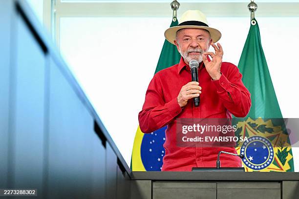Brazil's President Luiz Inacio Lula da Silva speaks during the announcement of a new credit facility for the purchase of trucks and buses at the...