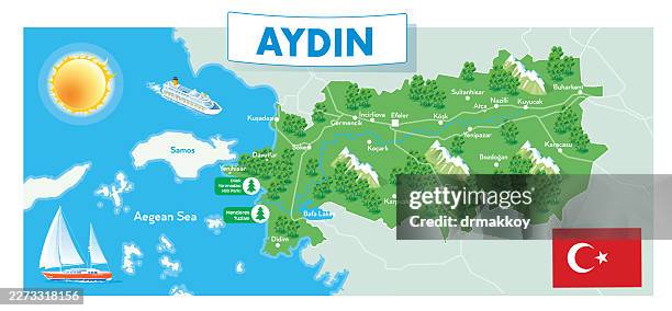 aydin province map illustration with mountains and turkish flag - aegean sea map stock illustrations