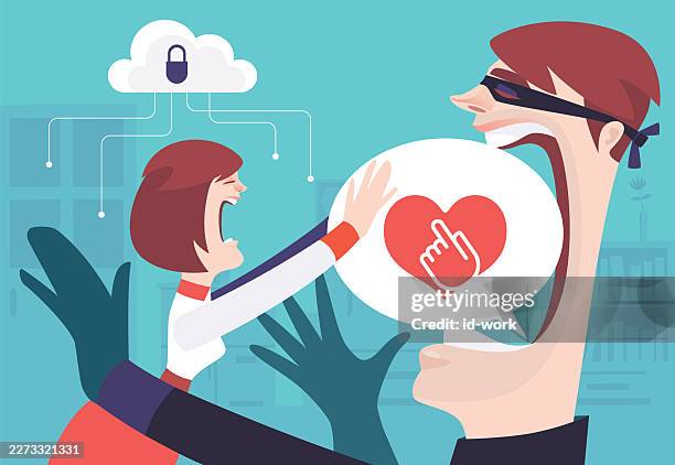 angry woman pushing speech bubble to scammer mouth - wearing mask wrong stock illustrations