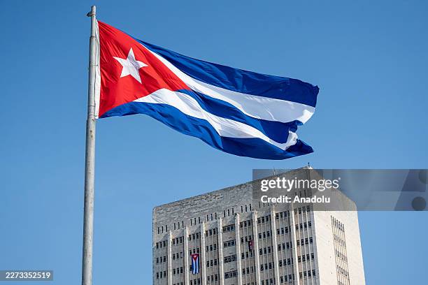 View of the Cuban flag as preparations are finalized for the International Workers' Day march on April 30 in Havana, Cuba. The U.S. Embassy in Havana...