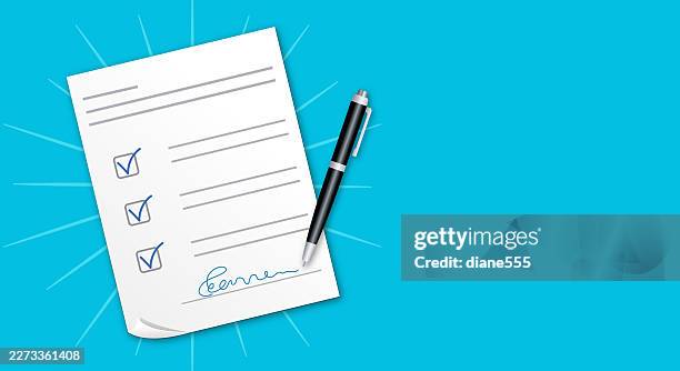 ilustraciones, imágenes clip art, dibujos animados e iconos de stock de firmando un documento o acuerdo con pluma - firmar