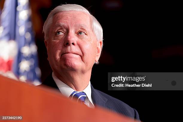Sen. Lindsey Graham looks on during a press conference at the U.S. Capitol on April 27 in Washington, DC. Republican senators gathered to introduce...