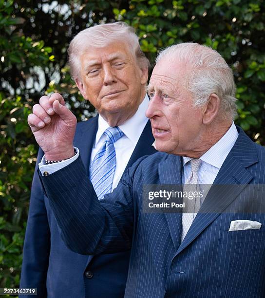 President Donald Trump hosts King Charles III for afternoon tea at the White House on day one of their State Visit to the United States of America on...