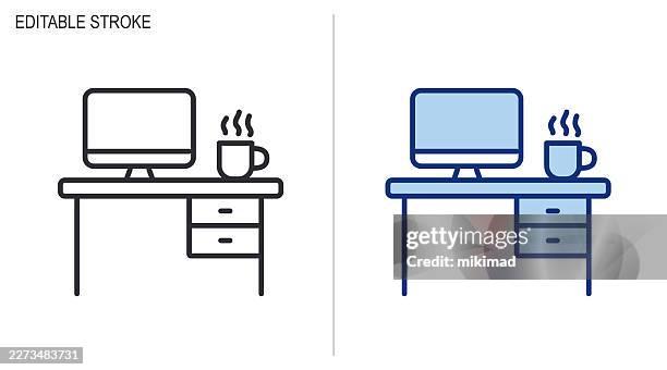workspace desk icon set. remote work. vector editable stroke. - remote work desk stock illustrations