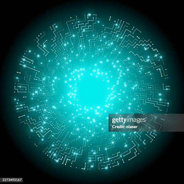 glowing turquoise light forms a circular burst of tiny dots and circuit-like lines on a dark background, creating a bright digital energy effect with a luminous center. - linear accelerator stock illustrations