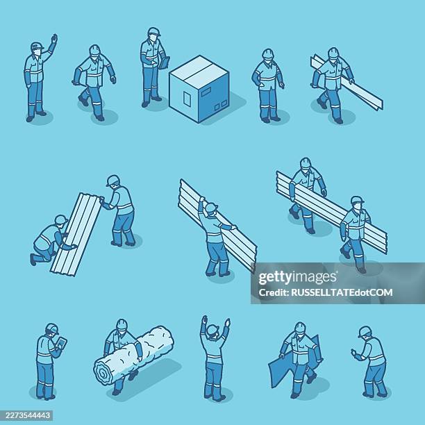 isometric workers performing material handling and industrial tasks set - construction worker vector stock illustrations