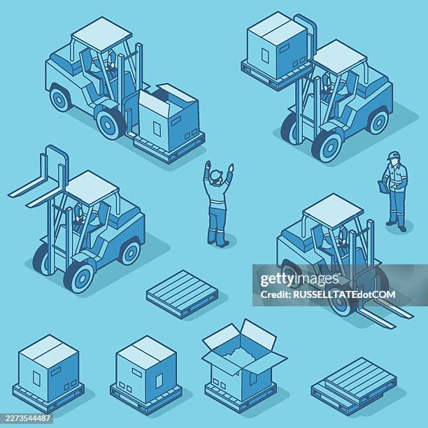 isometric forklift operations with workers and packed cargo boxes - warehouse worker stock illustrations