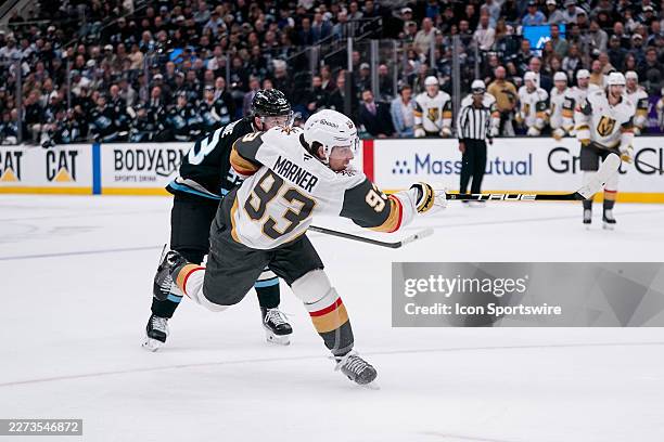 Mitch Marner of the Vegas Golden Knights scores a second period goal during game six of the NHL Stanley Cup Playoffs First Round between the Vegas...