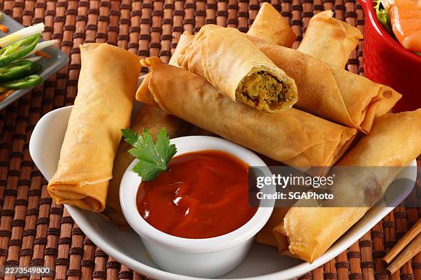 spring rolls with spicy sauce as an appetizer - chicken spring rolls stock pictures, royalty-free photos & images