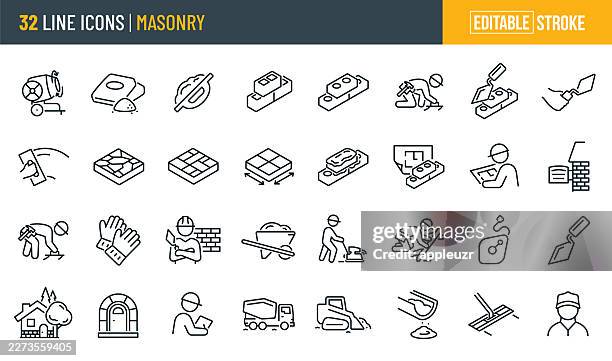 illustrazioni stock, clip art, cartoni animati e icone di tendenza di icone della linea sottile in muratura - tratto modificabile - blocco di cemento