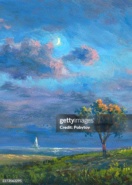 twilight on the sea, painting - acrylic painting stock illustrations