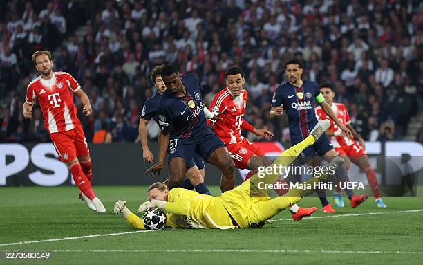 Matvey Safonov of Paris Saint-Germain saves the shot of William Pacho of Paris Saint-Germain during the UEFA Champions League 2025/26 Semi Final...