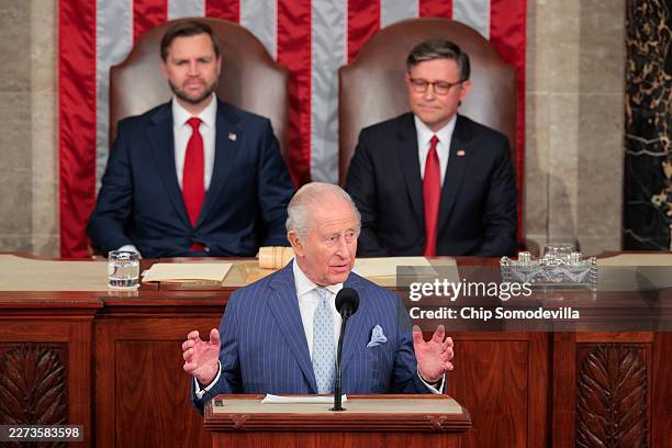 King Charles III addresses a joint meeting of Congress as U.S. Vice President JD Vance and Speaker of the House Mike Johnson look on at the U.S....