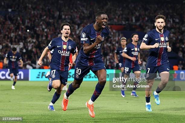 Ousmane Dembele of Paris Saint-Germain celebrates scoring his team's third goal from the penalty spot during the UEFA Champions League 2025/26 Semi...