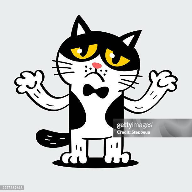 confused tuxedo cat character with bow tie shrugging gesture vector illustration - sad kitten stock illustrations