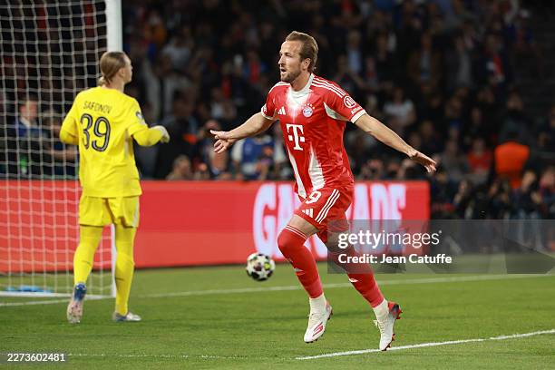 Harry Kane of Bayern Munich celebrates his goal while PSG goalkeeper Matvey Safonov looks on during the UEFA Champions League 2025/26 Semi Final...
