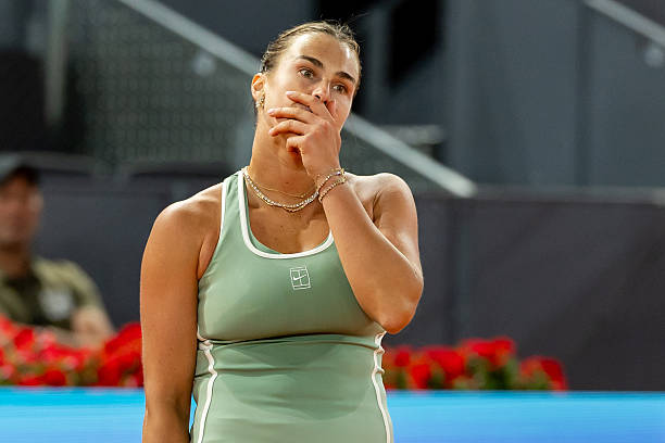 Aryna Sabalenka reacts after losing a point against Hailey Baptiste of the United States during the Women's Singles Quarterfinals match on Day Nine...