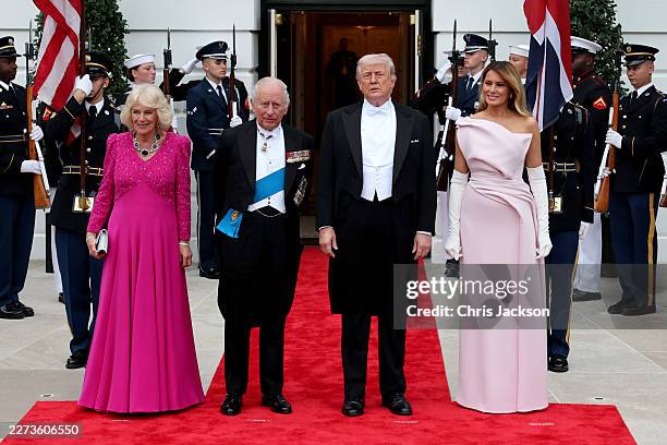 Queen Camilla, King Charles III, U.S. President Donald Trump, and First Lady Melania Trump pose outside during an official state dinner hosted by the...