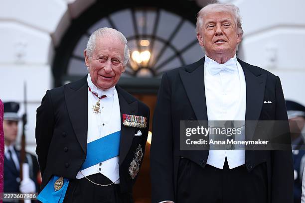 President Donald Trump welcomes King Charles III to the White House for a state dinner on April 28, 2026 in Washington, DC. In his first visit to the...