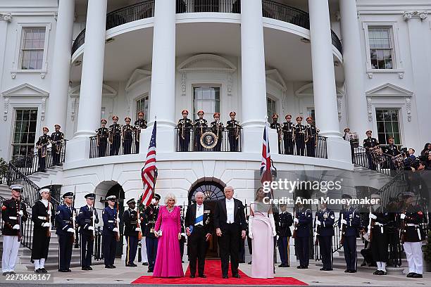President Donald Trump and first lady Melania Trump welcome Queen Camilla and King Charles III to the White House for a state dinner on April 28,...