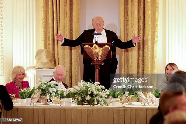President Donald Trump makes remarks in the East Room during an official state dinner at The White House on day two of the State Visit of King...