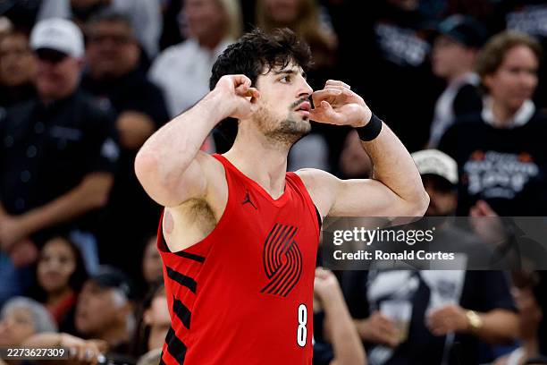 Deni Avdija of the Portland Trail Blazers reacts during the third quarter against the San Antonio Spurs in Game Five of the First Round of the NBA...