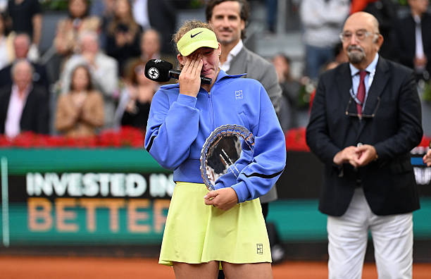 Russian tennis player Mirra Andreeva takes the second place after the WTA women's singles final match of the Mutua Madrid Open at Caja Magica in...