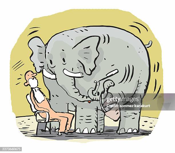 the elephant shaves the man with a razor held in its trunk - shaving brush stock illustrations