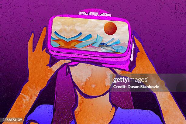 woman experiencing ai-generated metaverse through vr headset, digital illustration - ar experience stock illustrations
