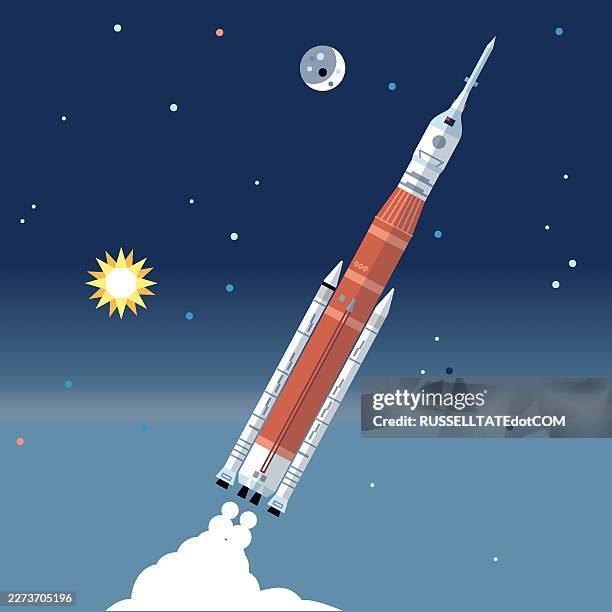 space rocket launching into night sky with moon and stars - smoke trail stock illustrations