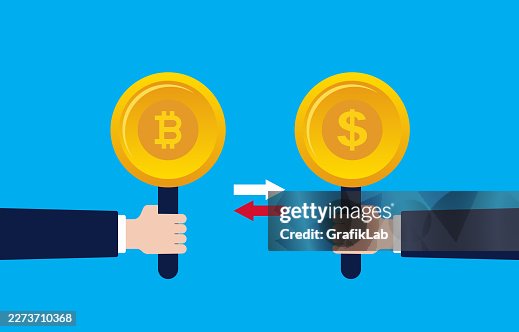 Currency exchange between mutually held boards with bitcoin and dollar symbols Currency exchange between mutually held boards with bitcoin and dollar symbols