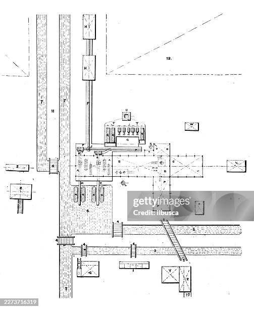 technical drawings and diagrams from 19th century engineering magazine, plan of sugar cane house, british guiana - sugarcane farm stock illustrations
