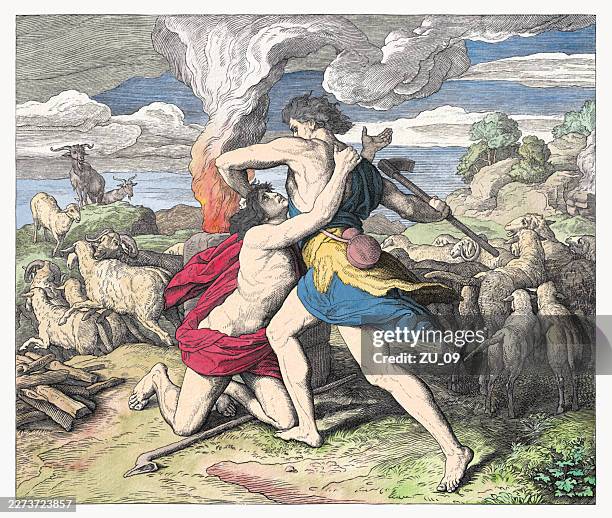 cain kills abel (genesis 4, 8), hand-colored woodcut, published 1860 - altar stock illustrations