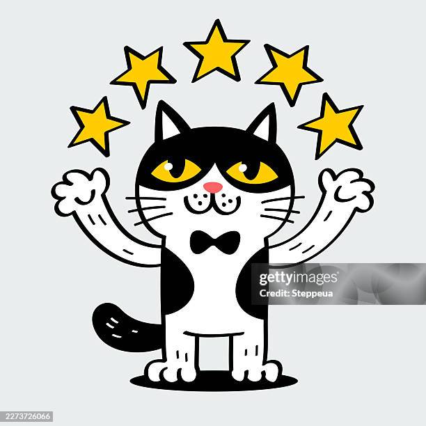 tuxedo cat character with bow tie with five star rating vector illustration - cat reaching up stock illustrations