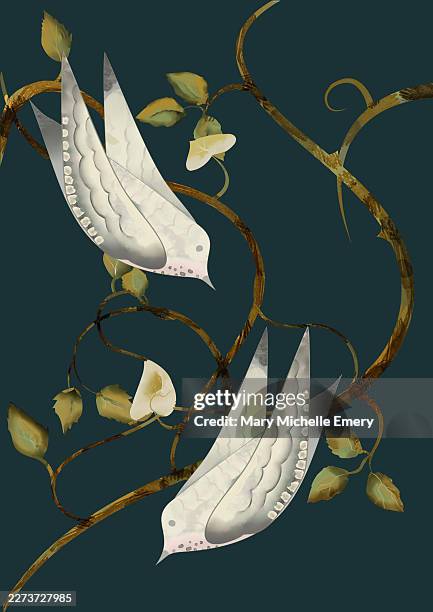 two birds in thorny hedge - diving to the ground stock illustrations