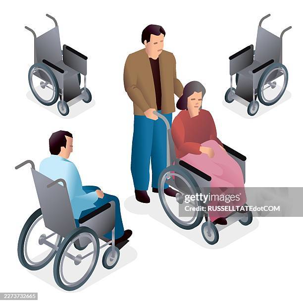 isometric elderly care scene with wheelchairs and caregiver assistance - social worker with elderly stock illustrations