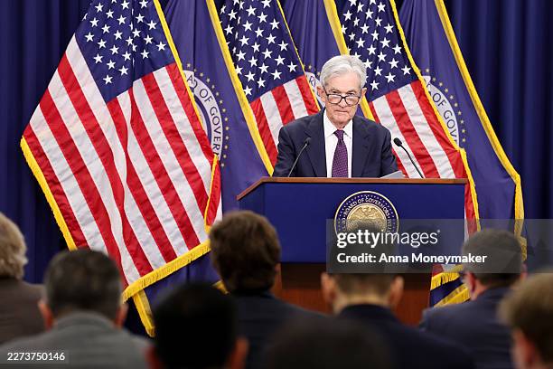 Federal Reserve Chair Jerome Powell speaks during a press conference following the Federal Open Markets Committee meeting at the Federal Reserve on...
