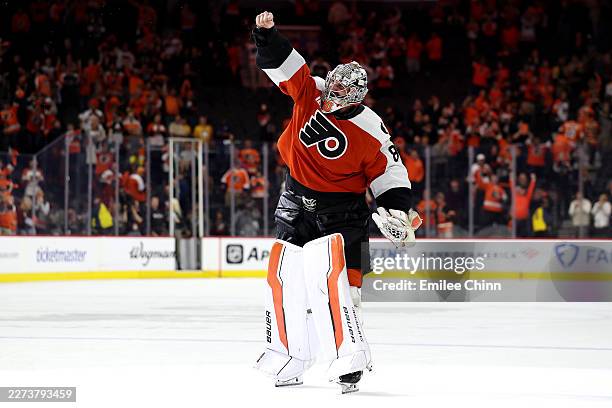Dan Vladar of the Philadelphia Flyers celebrates after defeating the Pittsburgh Penguins 1-0 during the first overtime period in Game Six of the...
