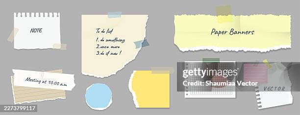 papercutting note pad and torn paper sticky notes collection vector illustration with adhesive tape newspaper texture old nostalgic office documents mockup template for to do list planning and communication design - torn newspaper stock illustrations