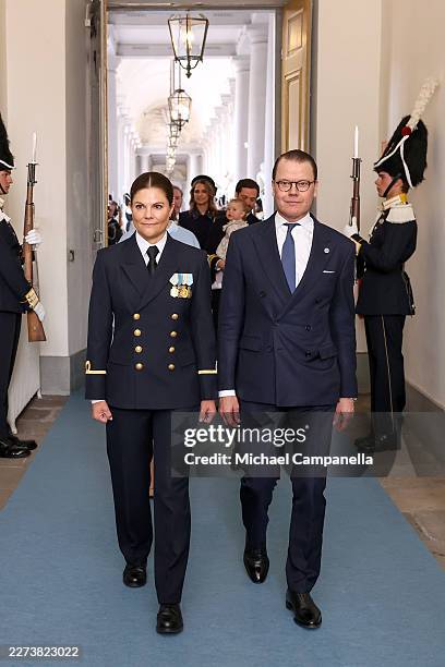 Crown Princess Victoria of Sweden and Prince Daniel, Duke of Västergötland arrive at the Royal Palace Church to attend the Te Deum mass on the...