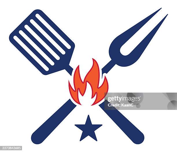 bbq grill tools icon set with fire – fork and spatula crossed symbol design vector illustration - grilling tools stock illustrations