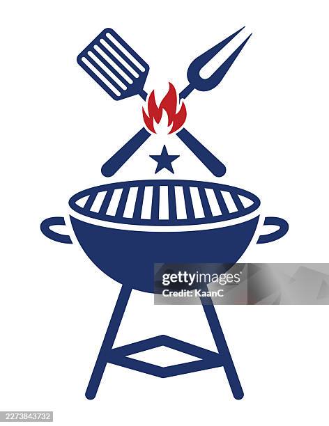bbq grill tools icon set with fire – fork and spatula crossed symbol design vector illustration - grilling tools stock illustrations