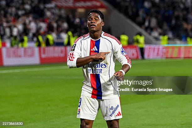 Endrick Sousa of Olympique Lyonnais celebrates his goal during the Ligue 1 McDonald's match between Olympique Lyonnais and Stade Rennais FC at...