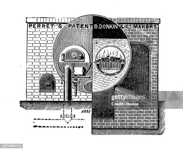 technical drawings and diagrams from 19th century engineering magazine, perret's dust fuel furnace - technical drawing engine stock illustrations