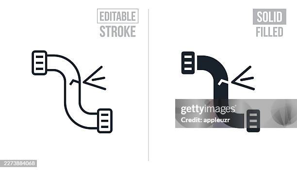 cracked pipe leaking water - editable stroke and solid icons - plumbing problems stock illustrations